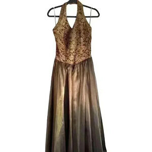 Vintage Alfred Angelo along Gold Wedding Formal Dress Lace Halter Top Size 9/10